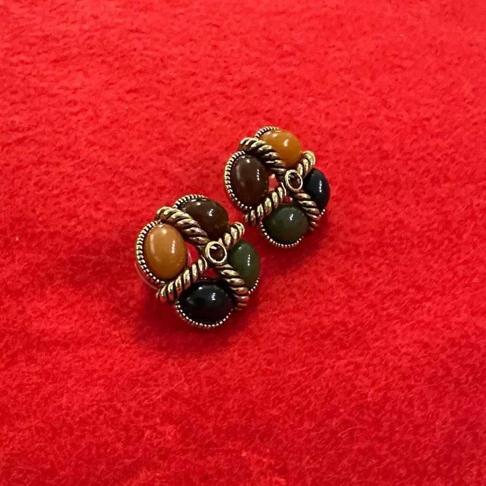 Joan Rivers Vintage Stamped Gold Braided Elegant Multicolor Stone Earrings
